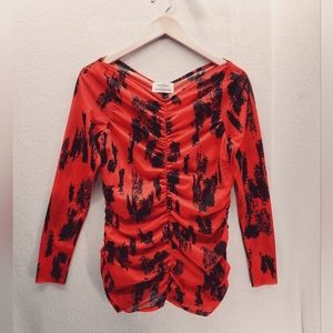 Nordstrom Cristina Martinez Ruched Orange/Black Long Sleeve Blouse Top Size-S